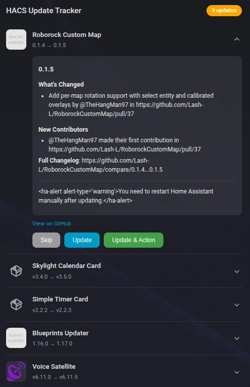 HACS Update Action Tracker card with pending updates