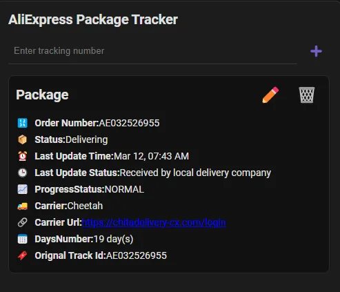 AliExpress Package Card