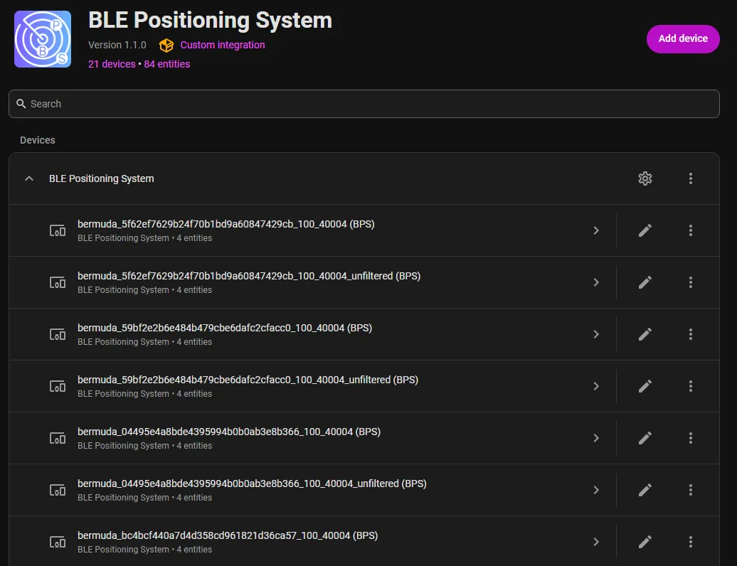 The BPS integration page: one "(BPS)" device per tracked device, each holding that device's four positioning sensors
