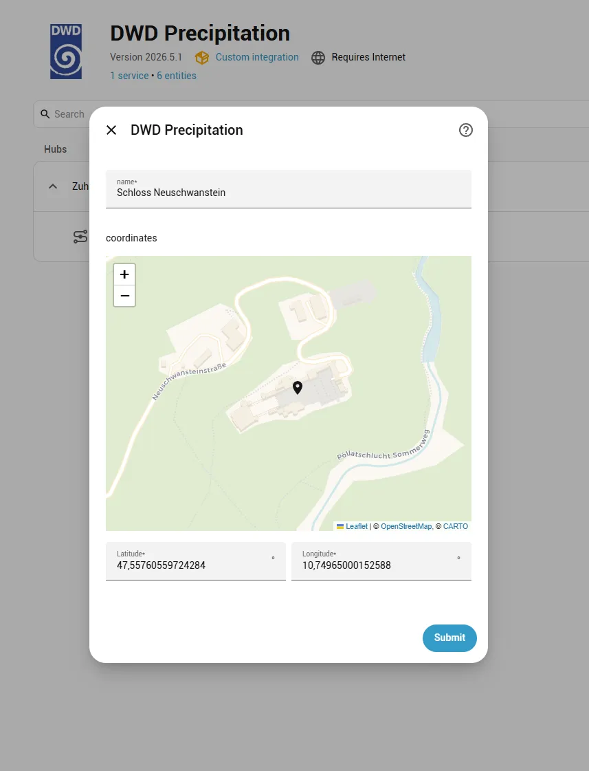 Setup dialog — name field and location selector map.