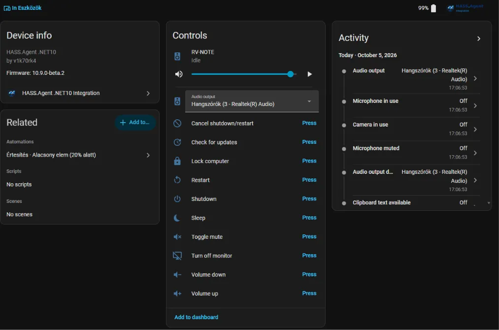 A Windows PC as a device in Home Assistant: media player, audio output select and command buttons