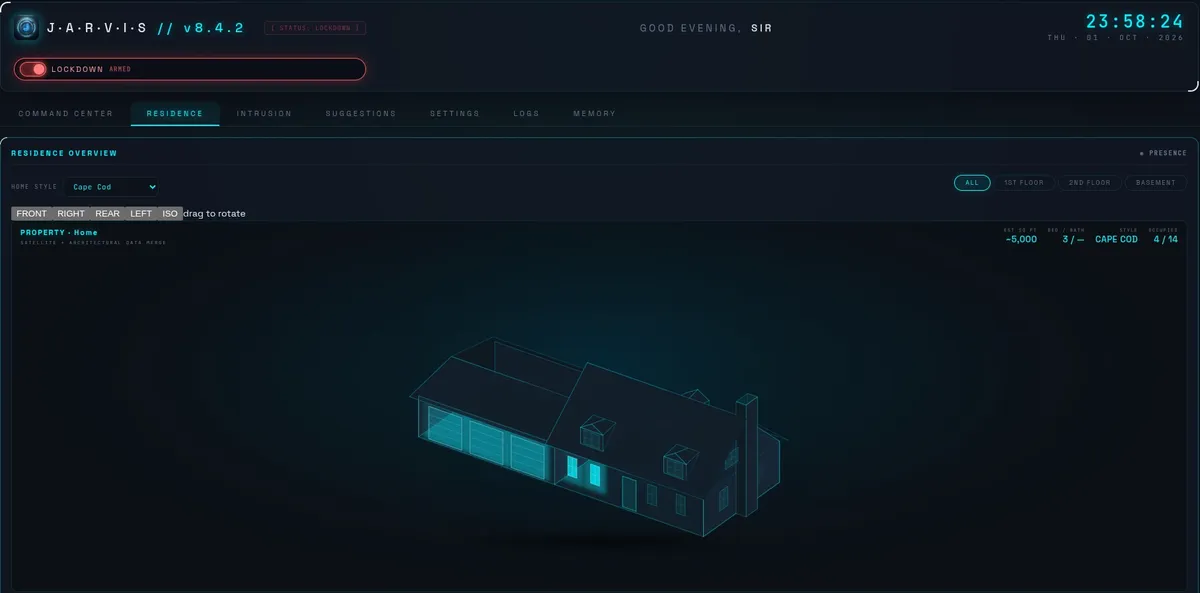 JARVIS HUD Residence view: a live 3D model of the house with occupied rooms glowing