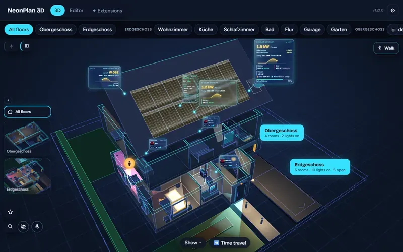 NeonPlan 3D: the house turns with its solar roof and energy cards, voice control opens the living room, the doorbell rings and the live director looks through the front door camera, then back to the whole house