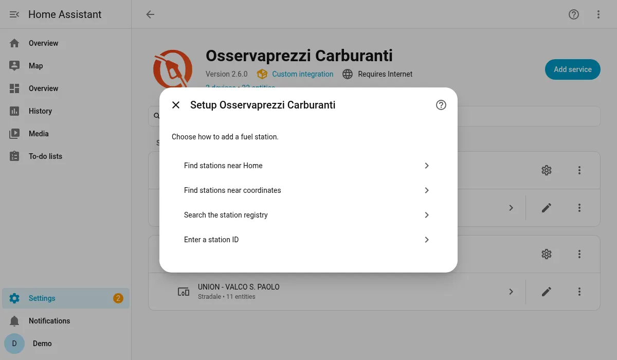 Station setup dialog with the four discovery methods