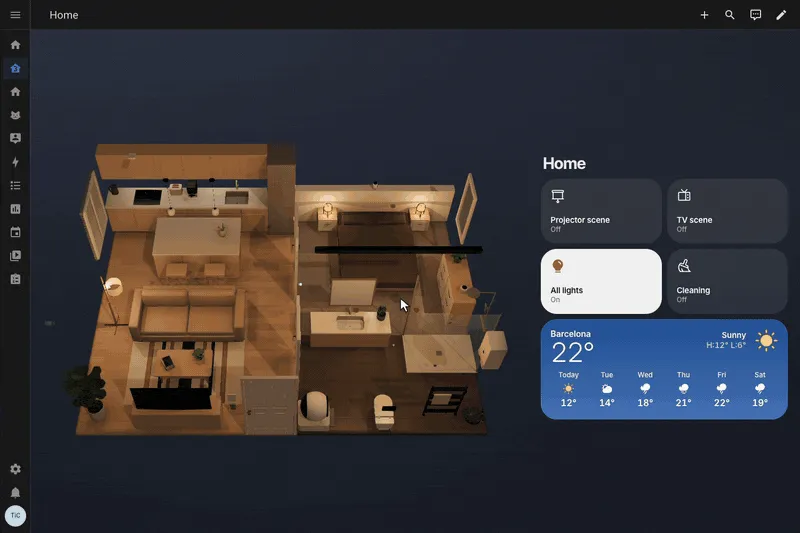 Flying into the kitchen to turn on a lamp, walking to the living room to switch on the TV from the side panel, then adding a ceiling fan to the bedroom in the editor, binding it to a device, then turning it on from the card and lowering the projector screen