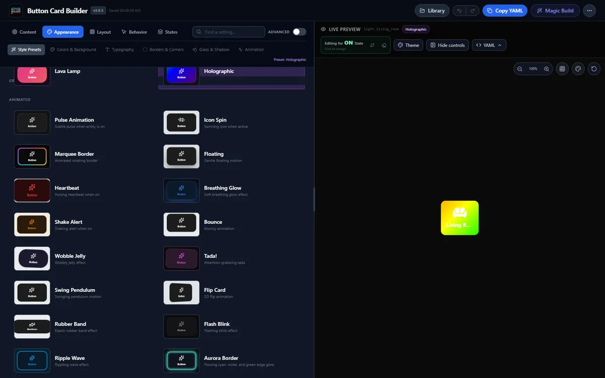 Button Builder v3 workbench with the Holographic preset and live preview