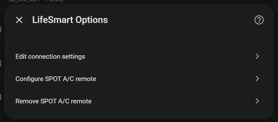 LifeSmart integration options menu