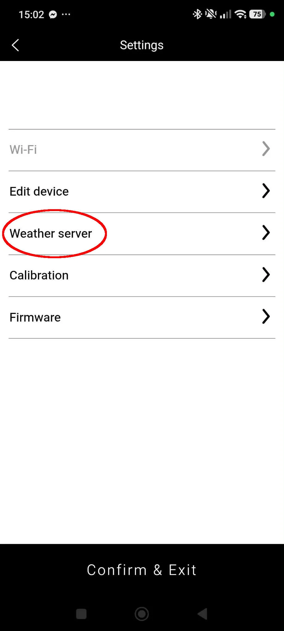 The station settings, with Weather server highlighted