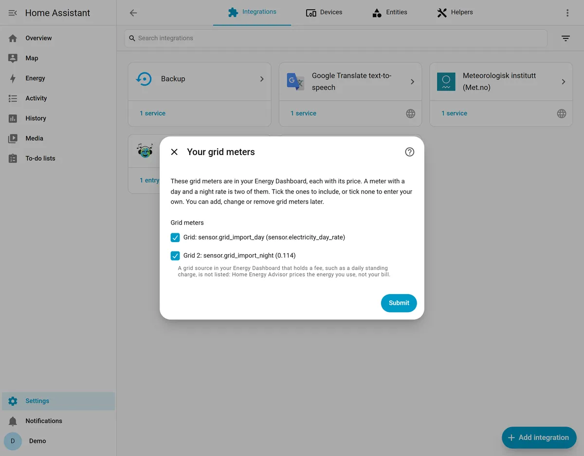 The grid meters step of the setup, listing a day and a night register from the Energy Dashboard, both ticked