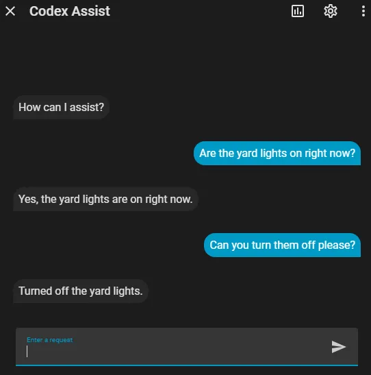 Example Assist chat in which Codex Assist reports that yard lights are on and turns them off