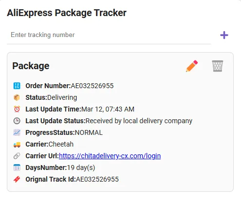 AliExpress Package Card