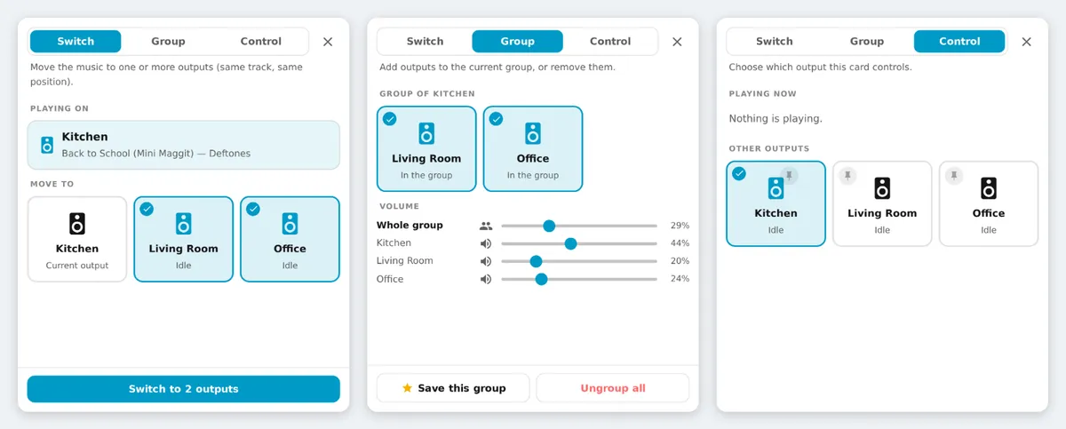 Output panel: Switch, Group and Control modes