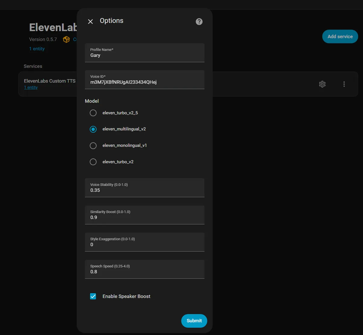 Create New Voice Profile dialog showing configuration options
