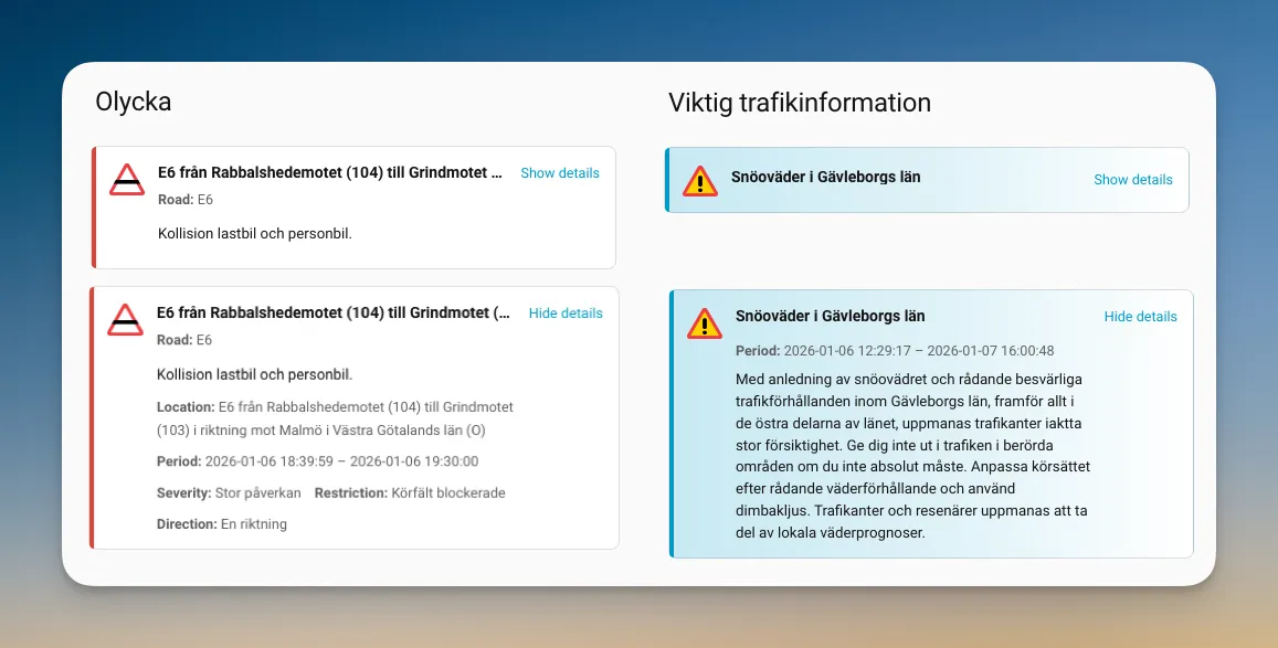 Trafikinfo SE alert card with a traffic event