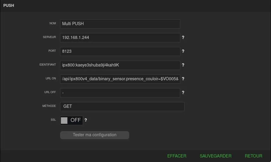 PUSH data configuration example
