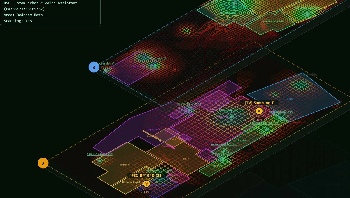 Live multi-floor isometric view with tracked devices across 3 floors