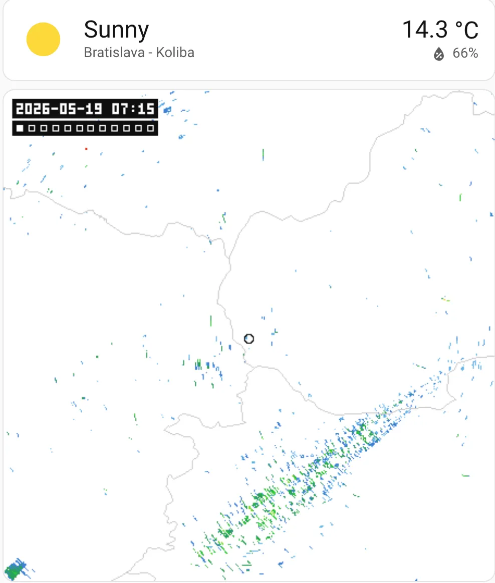 SHMÚ national radar reflectivity composite cropped to the station vicinity, with country borders and a station marker