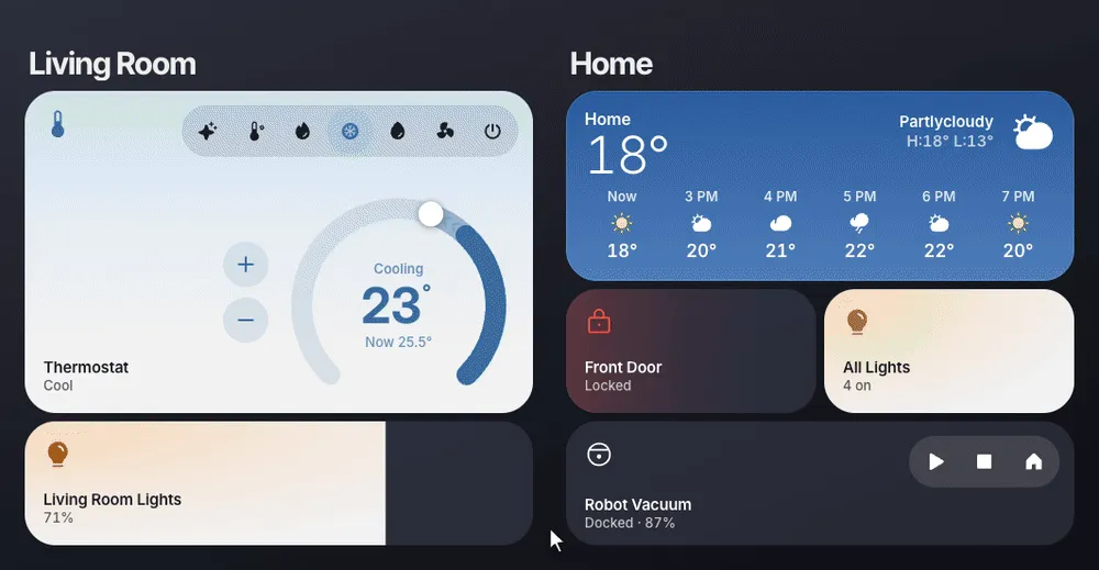A thermostat dial dragged down, a brightness slider, a front door opened with two taps, an all lights group and a robot vacuum started from its own button