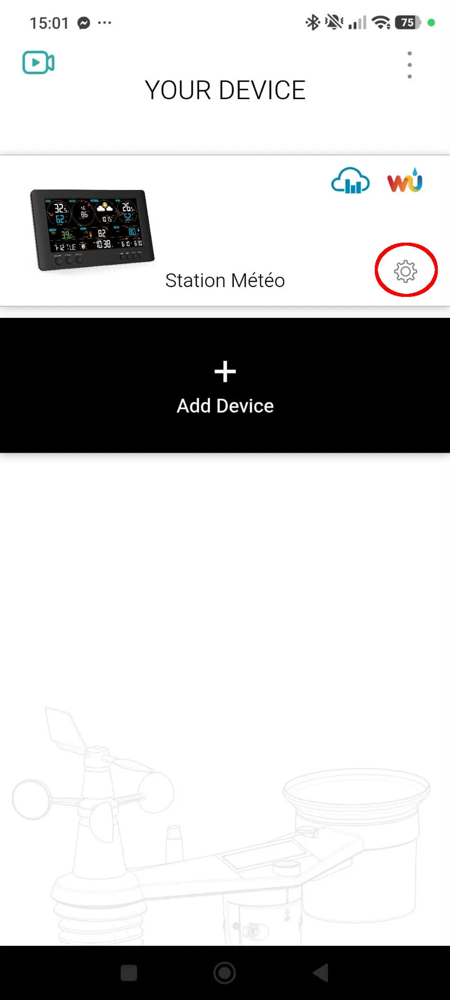 The WSLink device list, with the settings gear on the station